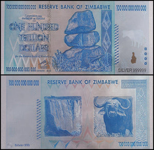 $100 One Hundred Trillion Dollar Zimbabwe Silver Blue Banknote Set /w Rock COA