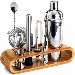 Bartender Kit 10-Piece Bar Tool Set W Stylish Bamboo Stand Home Cocktail Shaker