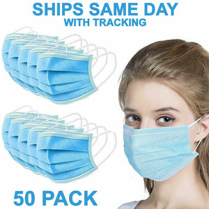 50 PCS Face Mask Medical Surgical Dental Disposable 3-Ply Earloop Mouth Cover